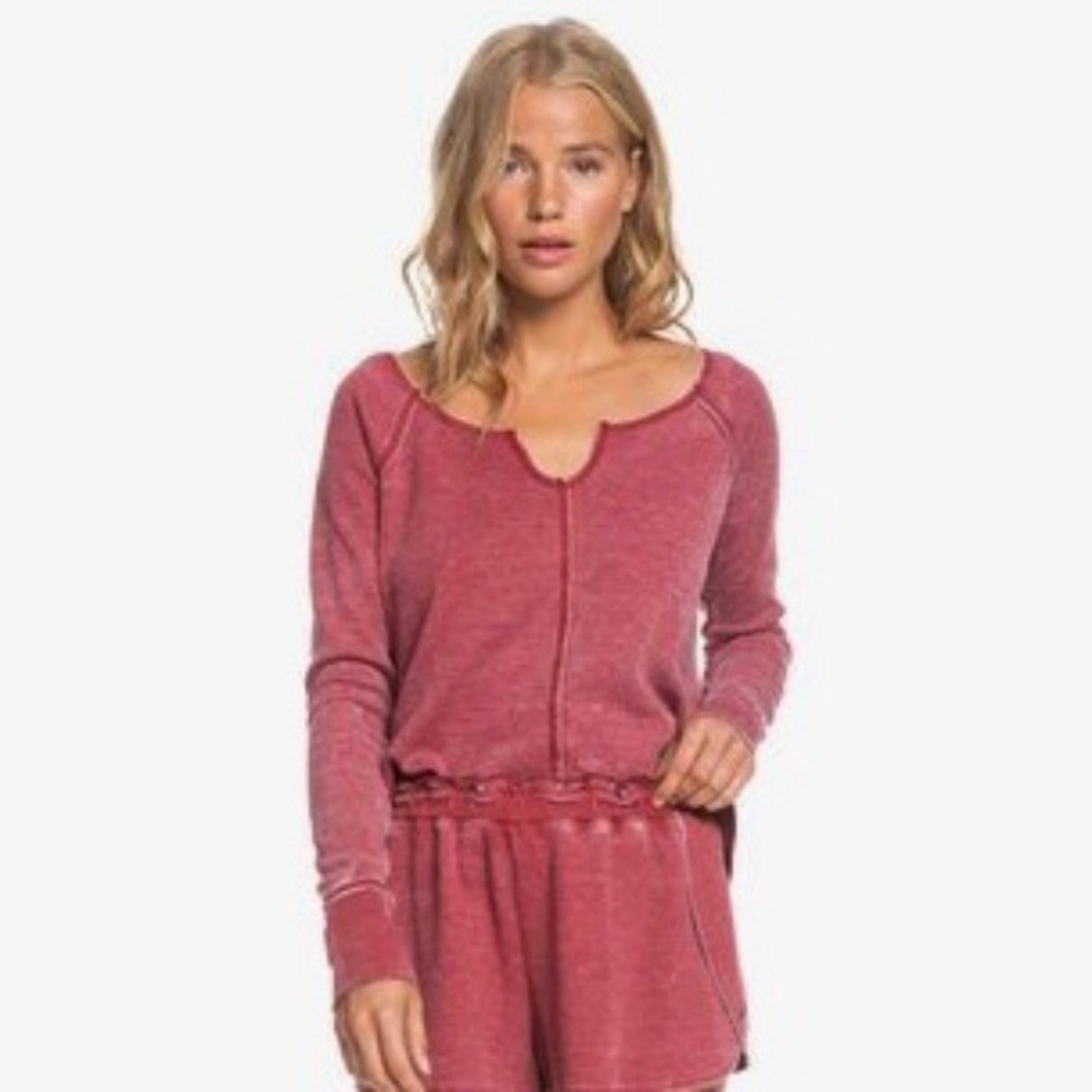 Roxy Look Lively Waffle Knit Thermal Long Sleeve High-Low Top Size Small Red